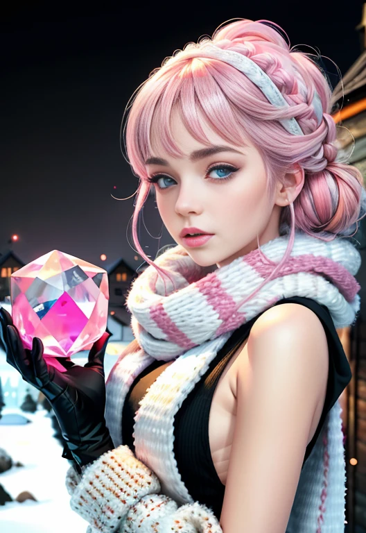 colors: white and pink , black Winter , frost,  snow ,  A beautiful stylish cute girl holds a super huge transparent crystal rose,  sits on the roof of an old wooden house ,  gloved handles , dressed warmly ,  around his neck a long striped scarf ,  Tim Burton style , cartoon