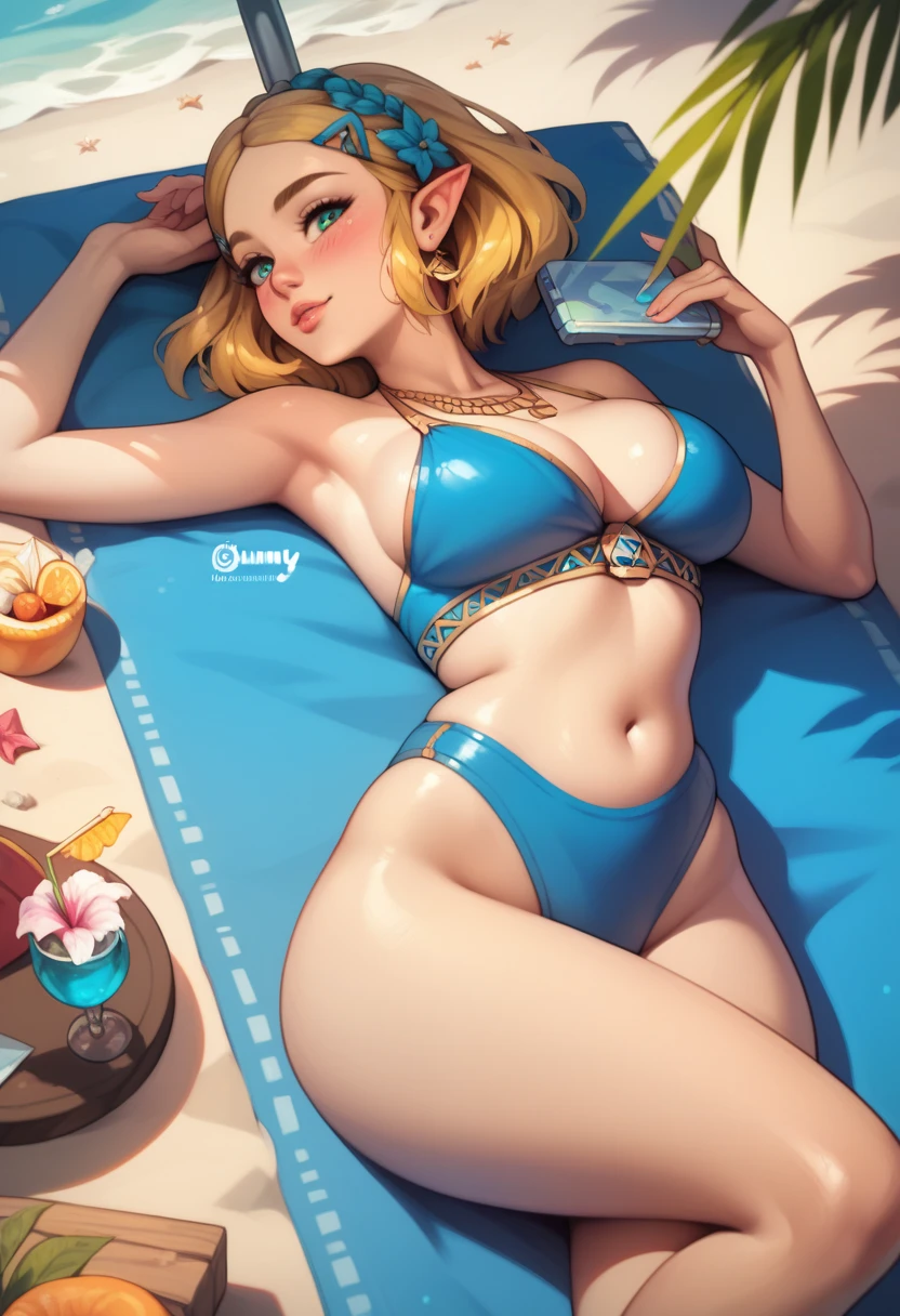 High quality, high resolution, 1 girl, Princess Zelda, short hair, beautiful face, gorgeous eyes, slim, slim waist, big breasts, cleavage, wide hips, bearing hips, fat thighs, fat butt, beautiful legs, beach, sunbathing, blue swimsuit, sunny, relaxed, laying, calm, sexy pose, blushing