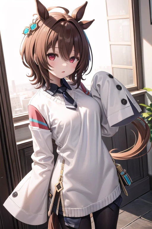  Agnes Tachion、Horse Girl、 girl、一人の girl、Horse ears、Horse tail、 earring on one side 、Red eyes、 short hair、 brown hair、（White:1.2)、(bigger sleeve than wrist :1.2)、 yellow big sweater 、 ties、 black pantyhose、Stray hair、best qualty,