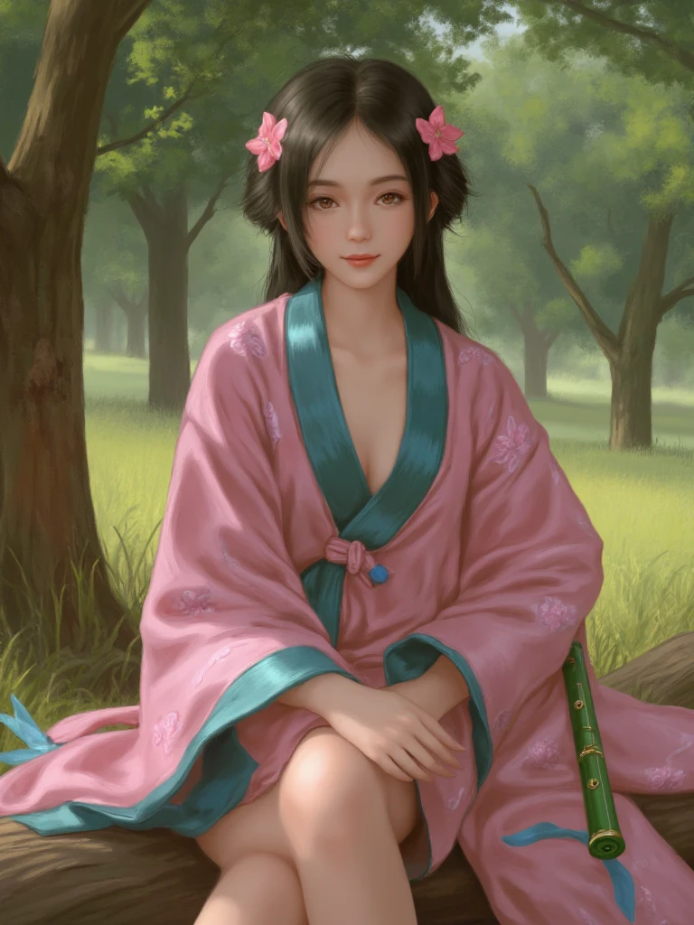 Digital painting featuring a young woman in a serene outdoor setting. The style is impressionistic with soft brush strokes and a warm color palette. The subject has fair skin and delicate facial features, with long dark hair adorned with pink flowers. She is wearing a traditional pink robe with floral patterns and teal accents, holding a green flute in her hands. The background is a lush, blurred depiction of trees and foliage, with dappled sunlight filtering through, creating a peaceful and harmonious atmosphere. The overall composition is balanced, with the subject slightly off-center, drawing attention to her contemplative expression.