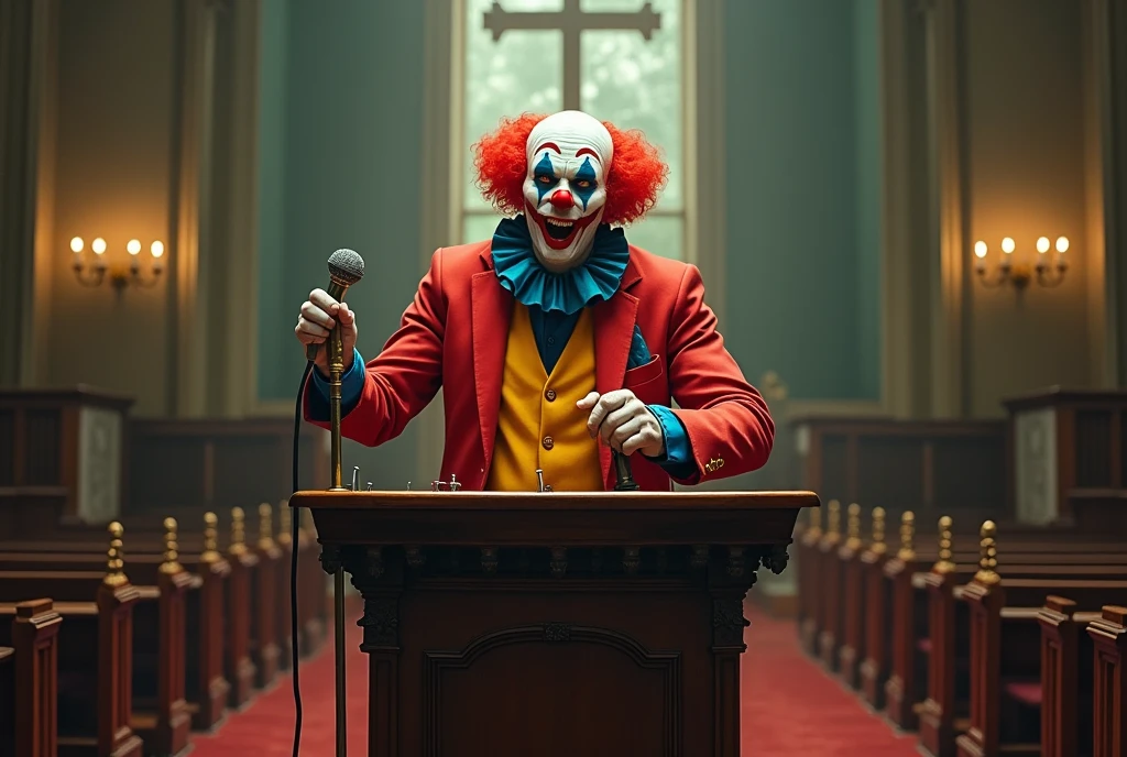 a realistic judge with a clown head in a courtroom with a gavel, highly detailed, 4k, photorealistic, cinematic lighting, dramatic shadows, vivid colors, dramatic composition, chiaroscuro lighting, tenebrism, oil painting, impasto texture, dynamic pose, expressive facial features, intricate details, hyperrealistic