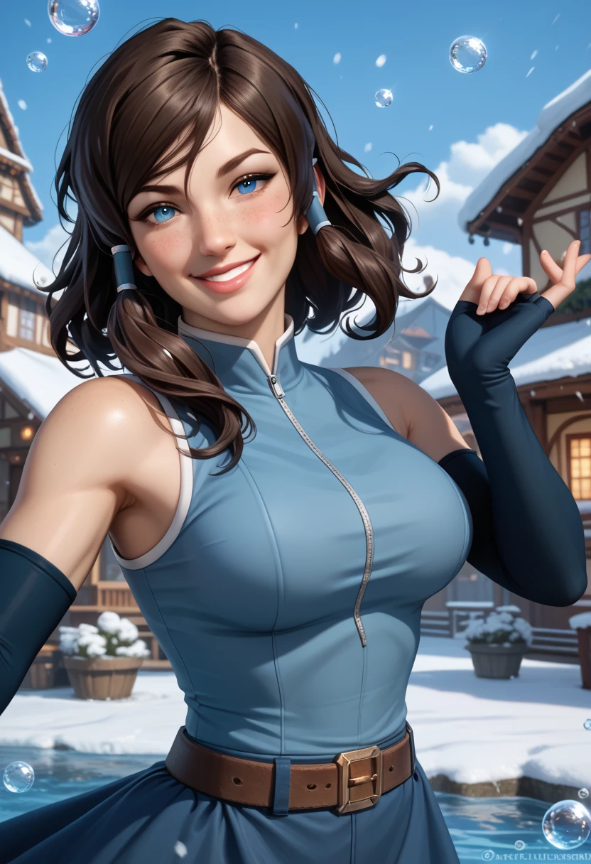 Korra da avatar,(best quality, 4K,8k,high resolution,work of art:1.2)(weather: snowing), tundra background, artic village, wide hips, short curly hair, brown hair, freckles, sleeveless top, fur belt, leggings, fur boots, elbow long gloves, light makeup, dark eyeshadow, blush, flirting pose, ultra detailed,portrait,realistic,beautiful detailed blue eyes, beautiful detailed lips,extremely detailed eye and face, long eyelashes,average, large breasts,flying hair,beaming smile, sexy smile, powerful girl, bright coloured, dramatic lighting, water sphere,