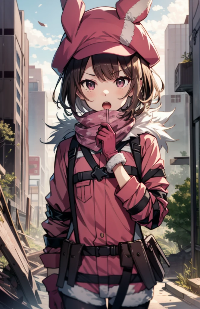 Llenn,  1 girl,Ren,city,Ruins,, jacket,(pants:1.1),Knee pads, camouflage , fur trim,Gloves, strap, short hair,Animal hats,I have a , open her mouth ,  upper body,  have a pink gun, p90, 