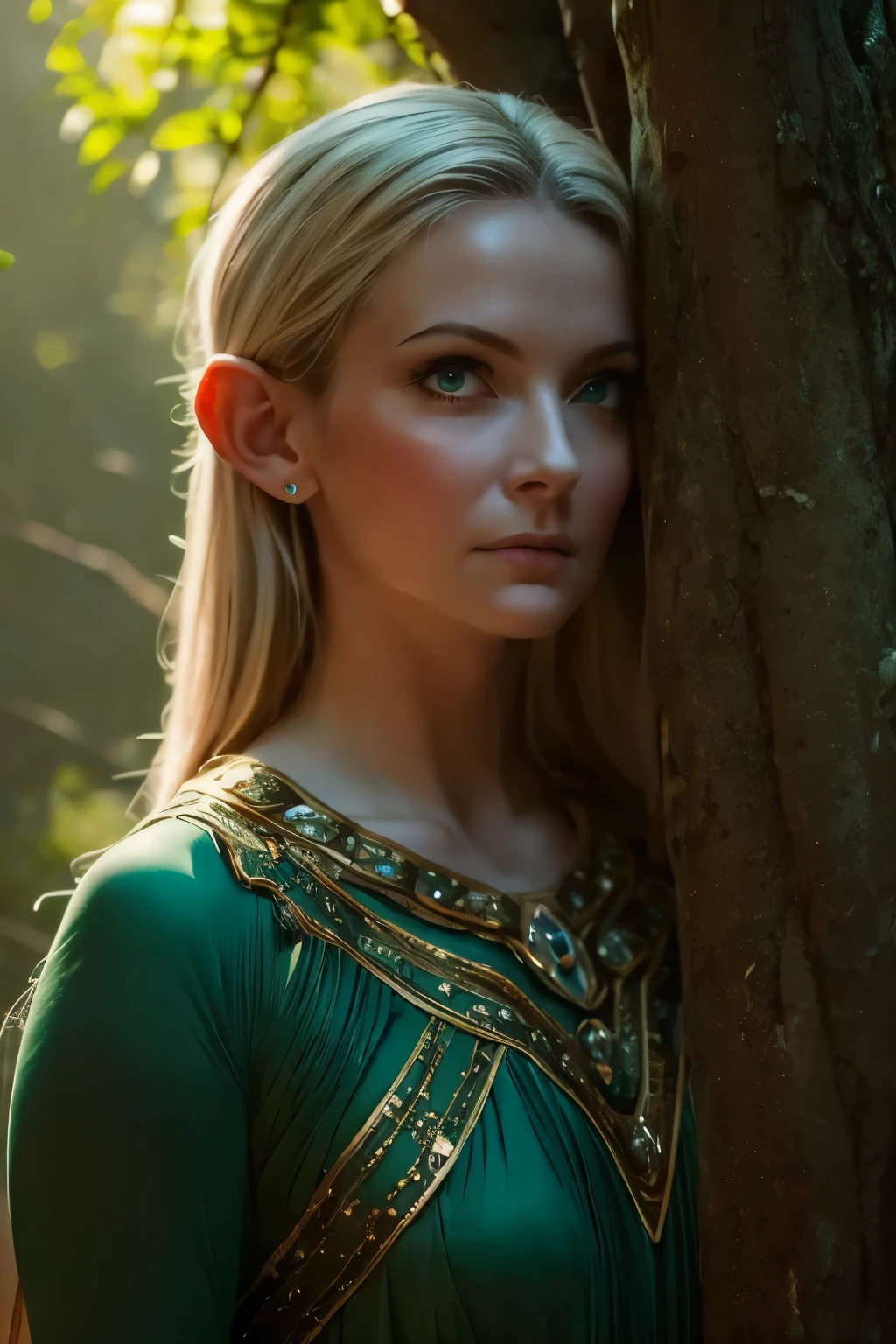 ((close-up face)). Galadriel, a radiant elven queen, standing gracefully in a magical elven forest bathed in soft, ethereal light. She is wearing a flowing green dress adorned with intricate golden embroidery, reminiscent of delicate vines and leaves, perfectly complementing the lush surroundings. Her long, silvery hair cascades over her shoulders, glowing softly in the dappled sunlight filtering through ancient, towering trees. The forest is alive with magical energy, featuring bioluminescent flowers, sparkling streams, and faint, glowing particles floating in the air. Her expression is serene and wise, her piercing eyes reflecting the timeless beauty and wisdom of the elves. The scene is infused with an otherworldly atmosphere, with fine details in the textures of her dress, the bark of the trees, and the vibrant flora. Photorealistic rendering, ultra-high-definition, with dramatic, yet soft lighting highlighting her elegance and the magical ambiance of the forest.