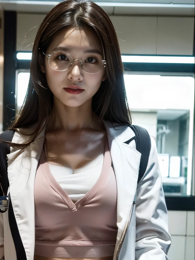 (cyborg doctors Wearing laboratory coat), Very cute and baby-like face, Power puff girl, Naked, Angry pose, Angry face, (((BROWN LONG HAIR MALAY GIRL))), masutepiece, High quality, UHD 45K, Realistic face, Realistic skin feeling , A Japanese Lady, , sunglasses, Very cute and baby-like face, (((FLAT CHEST))), ((VISIBLE CLEAVAGE)), (MATRIX WORLD), ((look In front at the camera and SADNESS)), ((WHITE LABORATORY COAT)), ((DETAILS SPECIAL FORCE COSTUME)) capture in ultra high resolution with photorealistic and beautiful lighting. (((CUTE GIRL))), ((RED LIPS)), ((PINK CROP TOP AND NAVY TROUSERS ARMY)), ((CHUBBY)), ((BLACK SEMI BOOTS MAGAZINE)), modern equipment. Malay girl doctors with white laboratory coat Special force Crest, Mechanical part, confident smile, girl in the middle of the abandoned mall in TOKYO.