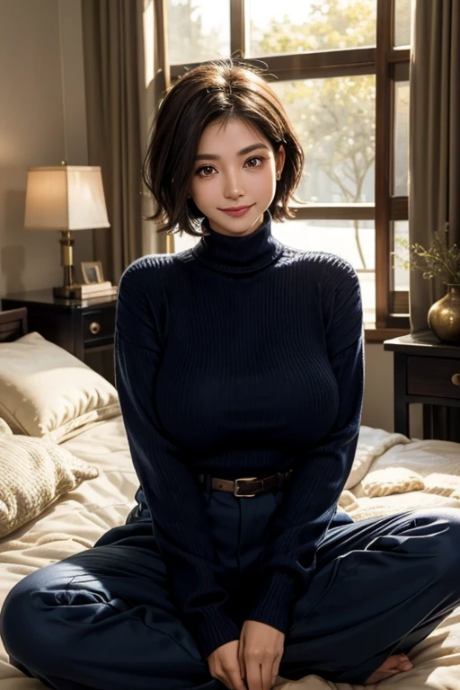 (((Full and soft breasts,)))(((Huge breasts))) (((Cleavage))) (Perfect curvy figure)japanese Mature woman,、(Solitary), 55 years old, (wrinkles around the eyes:1.2), Large Breasts, Mature woman, Charming, Sexy, Pure white skin, Show Viewer、超Large Breasts、((垂れるくらいにLarge Breastsの膨らみ2.0))、Wear an extra long knit sweater、Tight knit dress Seuchimuchi、Black pantyhose、Smile、bedroom、Cross your legs、Expose
