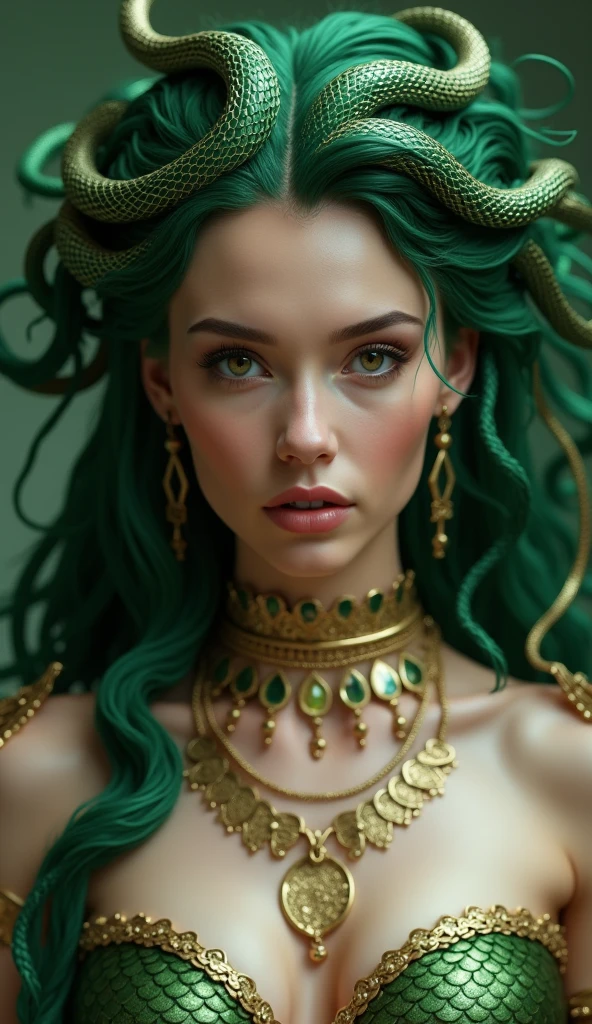 (Realistic:1.5), Realistic, RAW Photos, Analogue photography style, Depth of written boundary, Ultra-detailed photo of Medusa, (The hair is made up of countless snakes), Detailed green eye, Wet tongue,A long, shiny tongue,Heavy makeup, Gorgeous female face, Detailed Photos,Big Breasts,Big ,Aura of the Goddess, Art Station, Bioluminescence, Natural Shadows, Warm Filter, Cinematic Light, Professional photography, Canon Lens F1.4, 16k