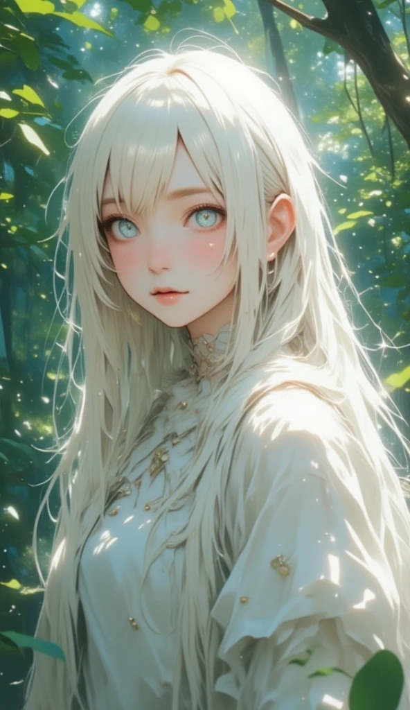  best quality、  Masterpiece 、 RAW photo、 Film Grain 、８ｋ、  ultra high resolution with forest background、 very cute girl、Albino Girl、Pale face_eye_lips、(((prick々New Hair、 sandwiched between long white hair 、髪の毛がFaint Sparkしている:1.37、静電気でprick々New Hair、Faint Spark、Pure white hair:1.2、 surprised expression、 is smiling slightly)))、