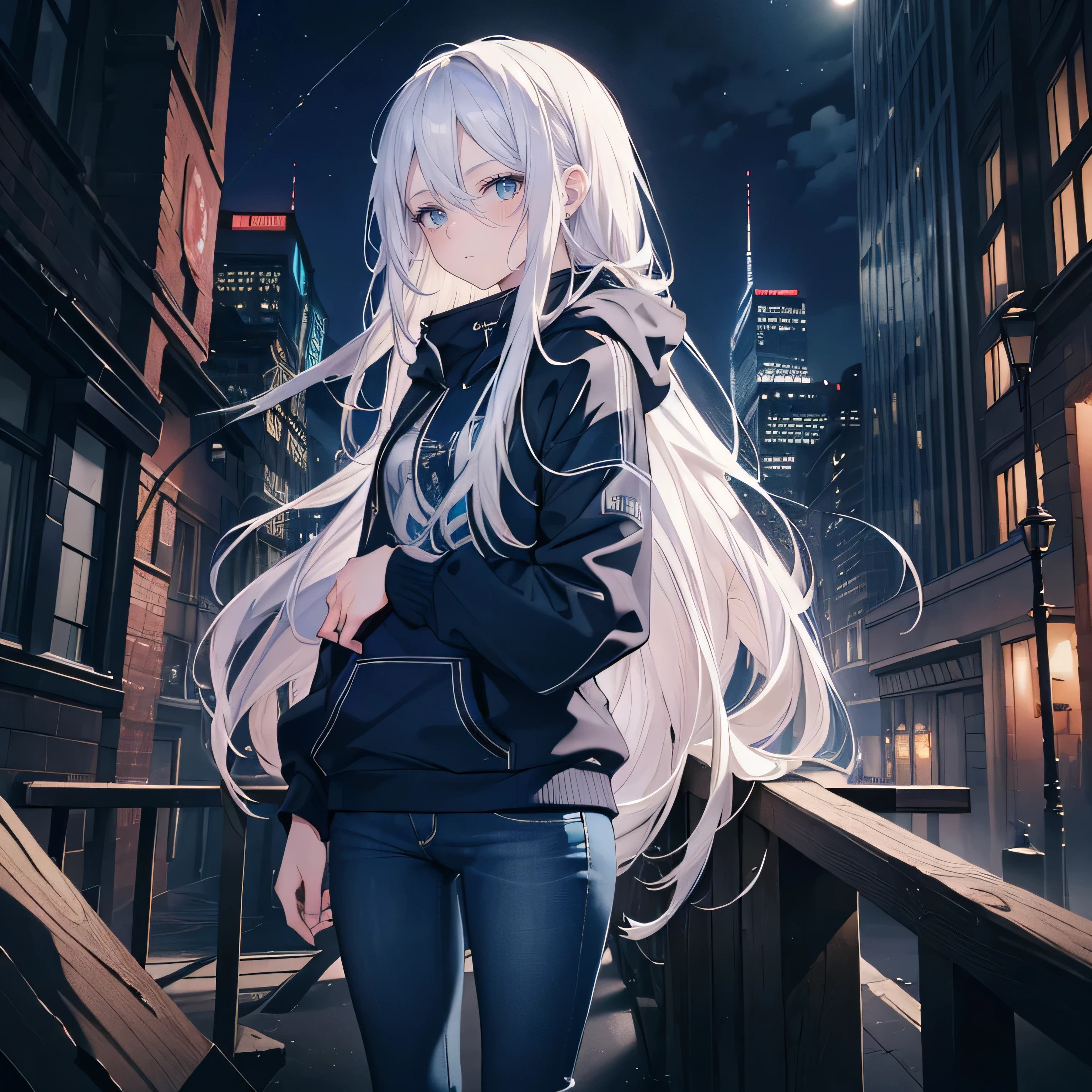 (masterpiece), (best quality), ultra detailed, finely detailed color, cenematic painting, (Top image quality), (Ultra Detailed), (Facing forward), top quality, masterpiece, (((only 1 girl))), Silver Hair, white hair, ((Long hair)), (deep blue eyes:1.6), night, urban, ((holding knife)), black hoodie, long jeans, city background