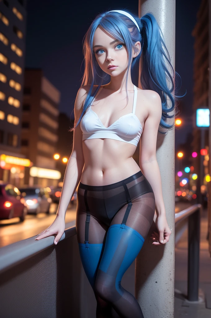 1 girl, solo, (nsfw), cute redhead 18-year-old girl in twin tails, ((perfect female body)), (cute face make up), multiple (rainbow colored hair: 1.2), (beautiful detailed blue eyes: 1.6), (photo realistic eyes: 1.6), happy, Ukrainian, (petite body), ((small hips)), pale white skin, (mini skirt and tube top), (matte pantyhose: 1.6), ("blade runner" style background}, (night time), photo realistic.