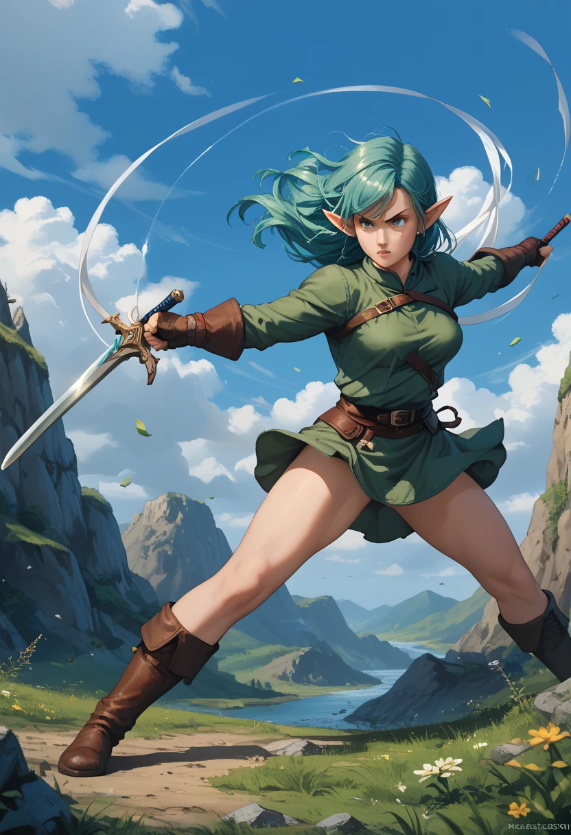 woman fighting, strong, wearing a sword , warrior, hair in the wind, big boobs, laufen, elf ears, long hair