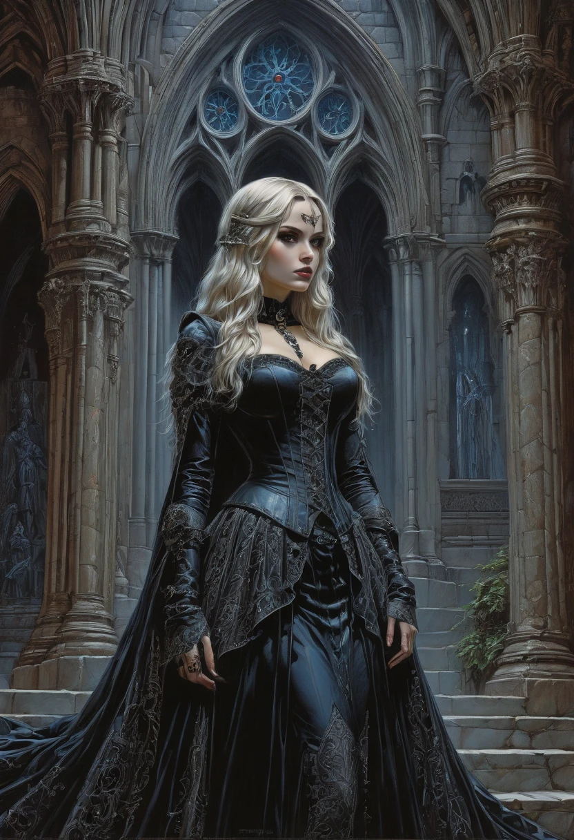 (extremely detailed 8k wallpaper), dark theme, Vampire the Masquerade, modern horror, 2020s, adult woman, pale skin, wearing gray coat, expensive jewelry, sharp focus, (subsurface scattering:1.1), award-winning photography, centered face, ((a Hecata vampire)), half-body photo:1.1, long blonde hair in medieval European hairstyle, supernatural brown eyes:1.2, mischievous smile, interior of a mausoleum at night, Dramatic lighting, SFW