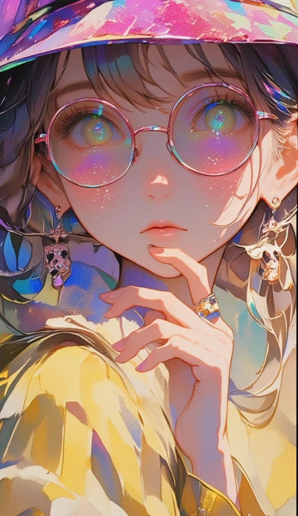  Close-up of a person wearing a hat with pink sequins and shiny glasses and round colored glasses She wears her index fingers close to her mouth, Put your lips as if you were going to kiss painted with pink glitter  ,  on her fingers she wears rings she wears a furry yellow fur coat ,  earrings with panda bears ,  she wears disheveled bangs and two twin braids on the sides of her shoulders ,  her eyes wide open beautiful and tender cyan she is European , olive green background  .,  digital art inspired by Yanjun Cheng  , tumblr, arte digital,  beautiful art style , Realistic kawaii portrait , beautiful digital art, lindo colorido adorable,  artwork in the style of Guweiz  , cute cartoon style, arte digital detallado y lindo , guweiz,  realistic painting of a pretty girl  , cute kawaii girl  , Beautiful cartoon,  beautiful art style .  fantasy art,  watercolor painting :1.5