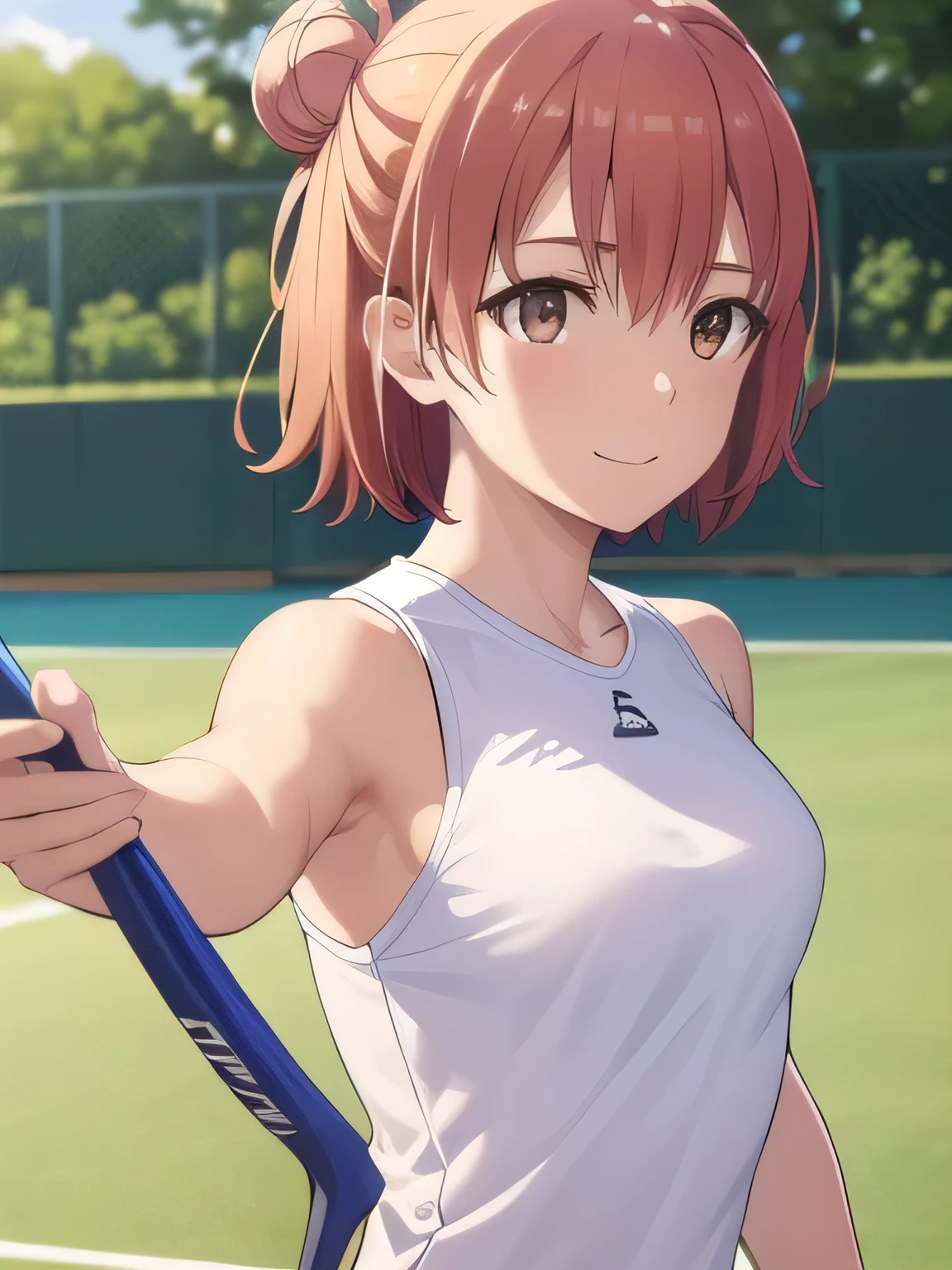 score_9, score_8_up, score_7_up, source_anime, cowboy shot, looking at viewer, smile, yyghm, short hair, single hair bun, green buruma, white socks, holding tennis racket, hand on hip, outdoors, tennis court, <lora:Hoseki_Oregairu_YuiYuigahama_PDXL_v1:1>