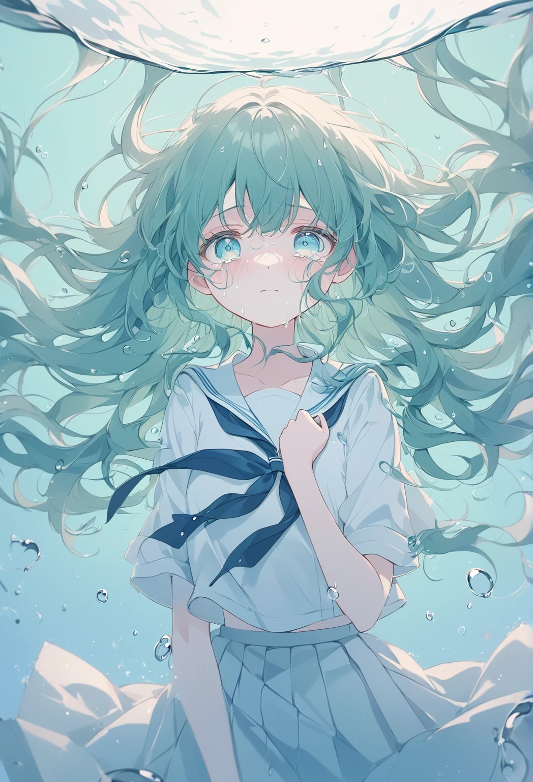 A melancholic anime illustration featuring a crying girl with short, pastel,
theme color green, wavy hair and a dark blue ribbon tied on the side. Her teary blue eyes are expressive, capturing deep sadness. She is wearing a sailor-style school uniform, surrounded by a tranquil blue backdrop with falling water droplets resembling tears. The soft color palette and minimalistic design enhance the emotional and somber tone of the artwork.