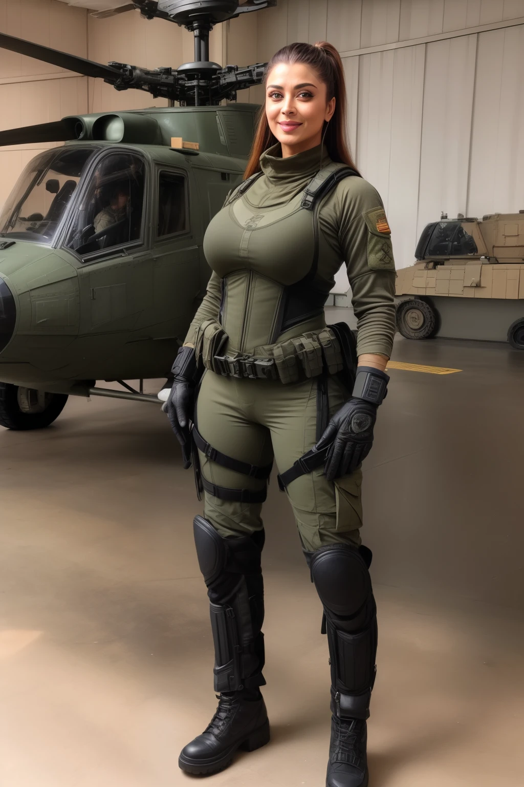 Realistic, masterpiece, Highest quality, Highest Resolution, Anatomically correct, Accurate Anatomy, (Gray blank background:1.3), (1girl:1.3), 20-year-old, Height: 165cm, Shot from thigh up, (Thick thighs:1.2), (Long Hair, Straight Hair, Silver Hair:1.3), (Squint your eyes, Sharp Eyes, (Iris:1.2)), (Hidden eyelid wrinkles:1.2), Thin eyebrows, Draw eyelashes carefully, Natural Makeup, Pull your chin, Show some teeth, Grin, Slightly to the side, (Black tank top, Desert camouflage cargo pants, Brown combat boots, Fingerless gloves in the same color as the boots:1.3), (Random model poses sitting on a metal chair:1.2)