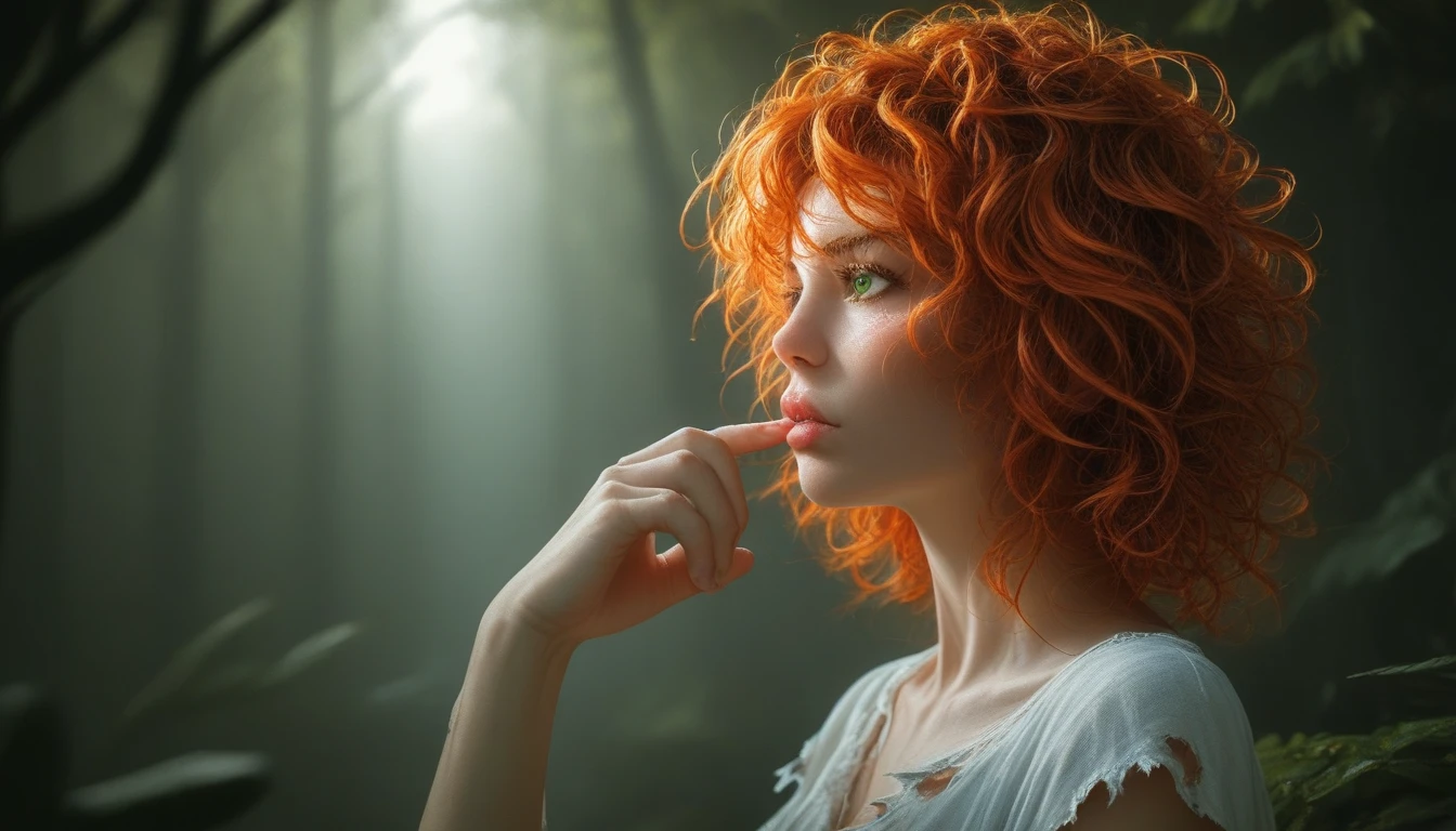 pale skin, petite short girl, wavy orange hair, medium-length hair, messy hair, blush, green eyes, soft expression, white cotton top, torn fabric, denim shorts, white sandals, slender legs, detailed fingers, detailed hands, soft expression, detailed lips, atmospheric foggy forest, dim lighting, mossy ruins, mist, gothic colors, chiaroscuro, dramatic lighting, moody atmosphere, intricate details, high quality, realistic, cinematic, dark and brooding, emotional impact, realistic light, inspired by real-life photos.
