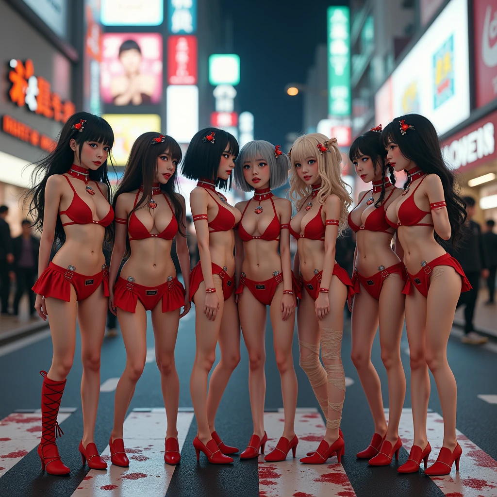 (Full Body of Extremely Detailed((Sexy Ladies Group in a row:1.37))), KAWAII perfect face, Reflective Eyes, Detailed(Delicate Clothing textures), Correct graceful legs, Dynamic Joyful Expressions LifeLike Rendering, Specular Reflection, TopQuality 8K Ultra-detailed masterpiece (ProfessionalPhoto:1.37), (Acutance:0.8), (Luminism:1.28), ((Shibuya Scramble Crossing)), (Colorful Light particles), ((Full body from side)) {MicroMini Skirt|Kissing Face to Face|Undressing|Thigh Gap|Cute Peach AssFocus|NakedApron with SideBoob}, Radiant Fine Skin with Transparency, {Pink Hair|LightBlue Hair|Pure White Hair|Blonde|Liquid Hair|Red HighHeels}, Perfect Lighting