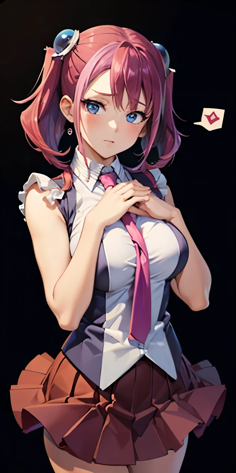 1 Female,High definition,high resolution,Ultra-realistic,8K, hy1, hair ornament, multicolored hair, blue eyes,necktie,pink skirt,tight skirt, miniskirt ,sleeveless, jewelry, large breasts,European,sexy,Upper body close-up,Photographed from the front,Dynamic Angles,(blush), (medium tits),heart hands,
own hands together,(spoken hearts)