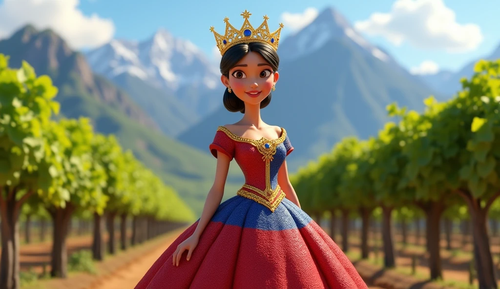 Prompt 18: Chile as a Disney Queen A vibrant queen in a gown inspired by the Chilean flag, standing in a vineyard with the Andes Mountains in the distance. Her crown features star motifs, symbolizing the country’s natural beauty. Rendered in Pixar-style 3D animation.