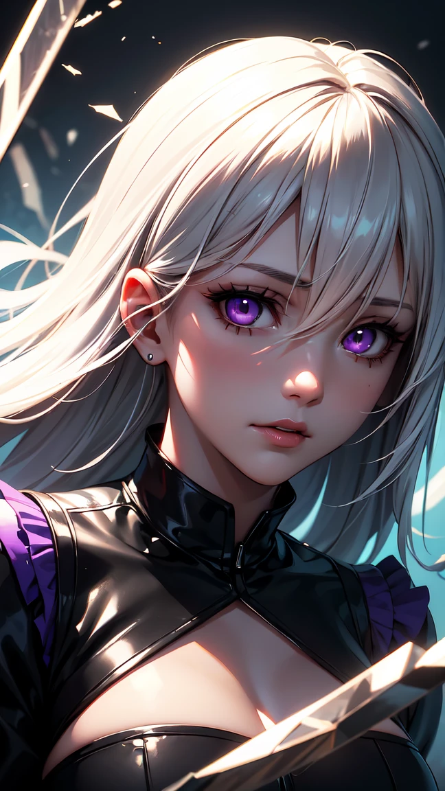 girl with white hair,with bangs, black gloves, purple clothes, purple dress, 4K, masterpiece, perfect body, stem,perfect eyes, perfect shading, perfect lighting, best quality, work of art, ultra detailed, detailed clothing