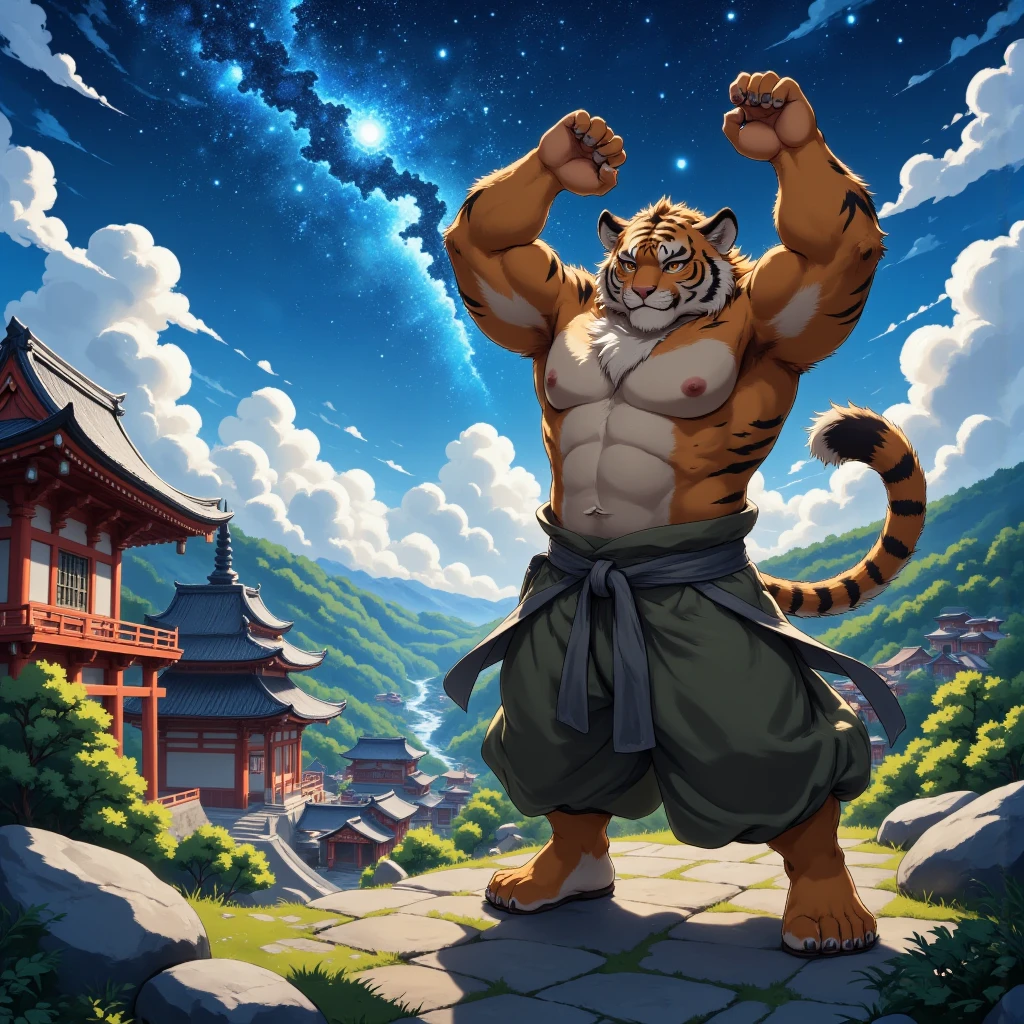 character focus, full body, looking away, dynamic angle, onmyoji, middle-aged Japanese tiger man, robe costume clothes, shirt, pants, serious, standing arms rised in the air, searching for stars, elegant pose, dynamic pose, BREAK full body in Michelangelo Buonarroti style, housamo style, digital illustration anime, detailed painting landscape, starry sky, kyoto, Japanese shrine, outdoor, full color, HDR, BREAK complete anatomy, perfect proportions, beautiful thigh gap, fluffy body, intricate fur details, beautiful fur texture, BREAK a detailed tiger 1tail, detailed toe, 4toes, 4toes nails, detailed foot, detailed hands, 5fingers, 5fingers nails, BREAK aesthetic anime face, insanity detailed face, male face, big face, square jawline, aesthetic anime eyes, detailed brown eyes, detailed brown cornea, detailed dark brown irises, detailed pupils, male eyes, big eyes, male eyebrows, innocent look, beautiful beard, BREAK masterpiece, official art, best quality, very aesthetic, absurdres, super fine illustration, great quality, BREAK noise reduction, very highres, large filesize, high quality, 32K, 8k wallpaper, dynamic lighting, BREAK insanity detailed, ultra detailed, intricate details, extremely detailed, detailed texture, an extremely delicate and beautiful, BREAK e621 illustration, osukemo, kemohomo, anthropomorphic, furry, cartoon, harmonious, pastoral face, virtuous eyes, mysterious atmosphere