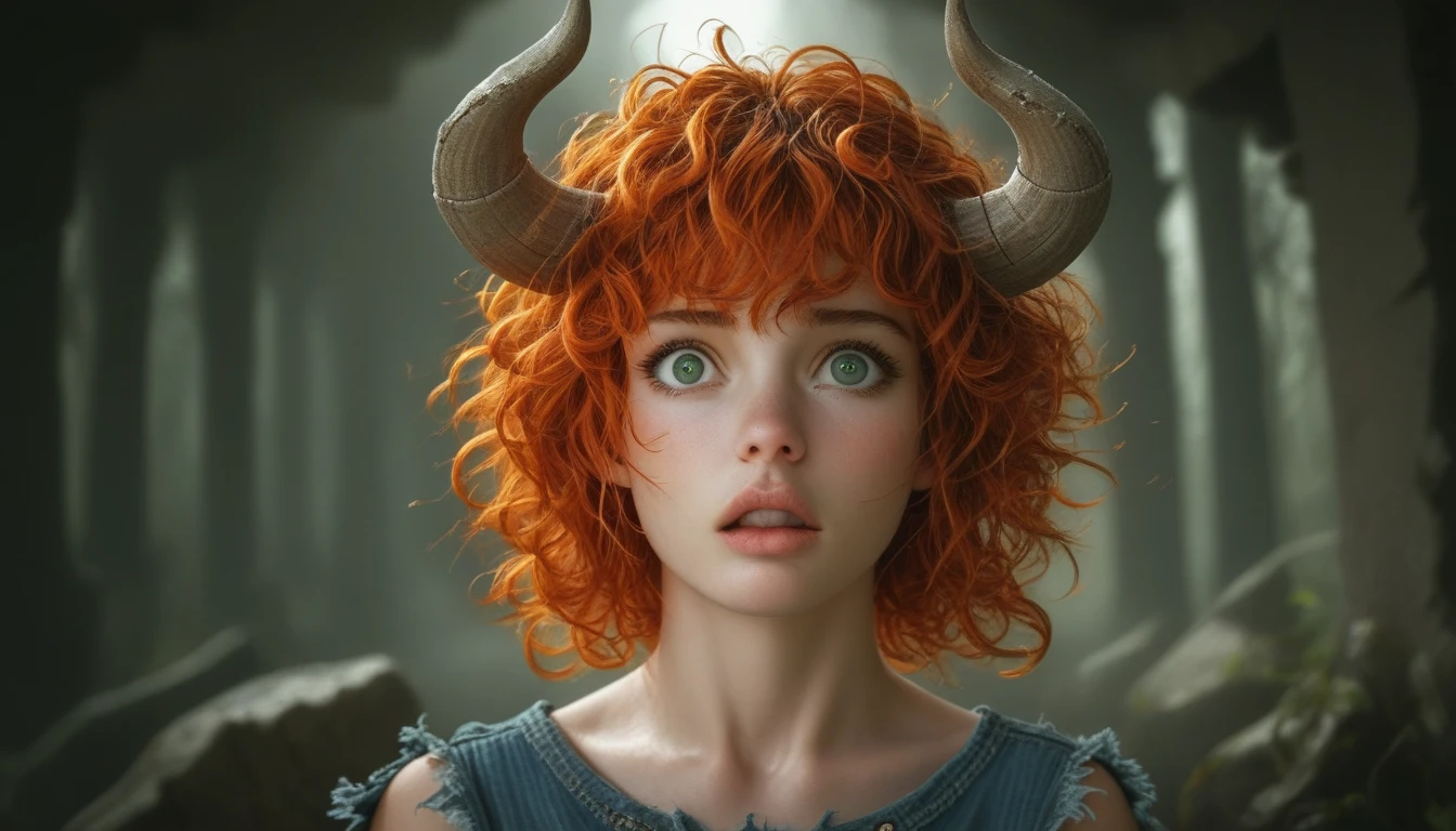 pale skin, petite short girl, wavy orange hair, medium-length hair, messy hair, blush, green eyes, soft expression, terrified face, shocked expression, white cotton top, torn fabric, denim shorts, white sandals, slender legs, detailed fingers, detailed hands, detailed lips, minotaur, muscular build, large horns, fierce but controlled expression, ominous presence, foggy forest, dim lighting, mossy ruins, mist, gothic colors, chiaroscuro, dramatic lighting, moody atmosphere, intricate details, high quality, realistic, cinematic, dark and brooding, emotional impact, realistic light, inspired by real-life photos, fearful expression, tension, mysterious atmosphere, ancient ruins, claustrophobic feeling.