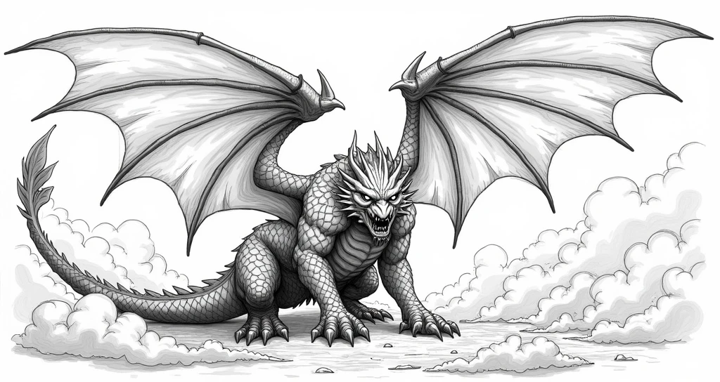extremely detailed dragon with wings spread, ink drawing style