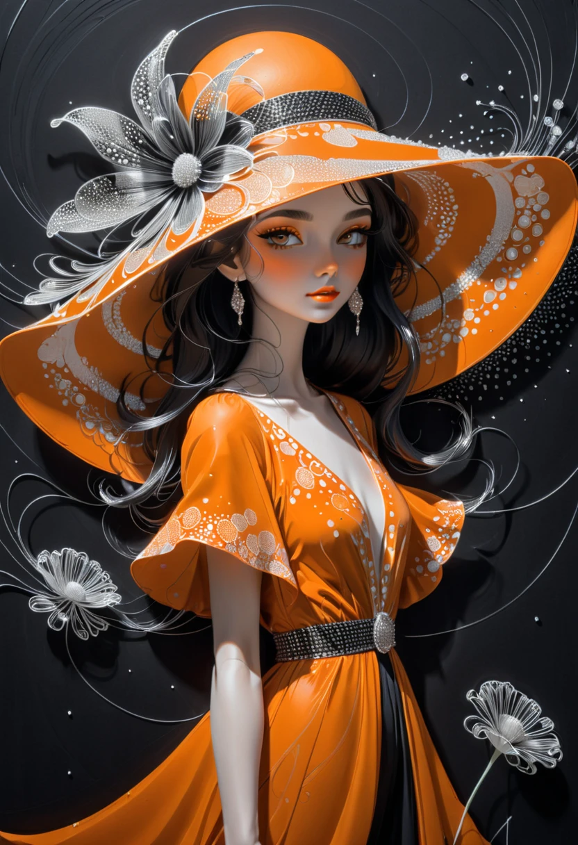  bas-relief ,  dotted orange silver
diamond painting on black foil ,   girl in a wide-brimmed airy dandelion hat ,
Minimalism , one thin line drawing  , 
Art Deco , Tatyana Markovtseva's style + Lee Bogle 