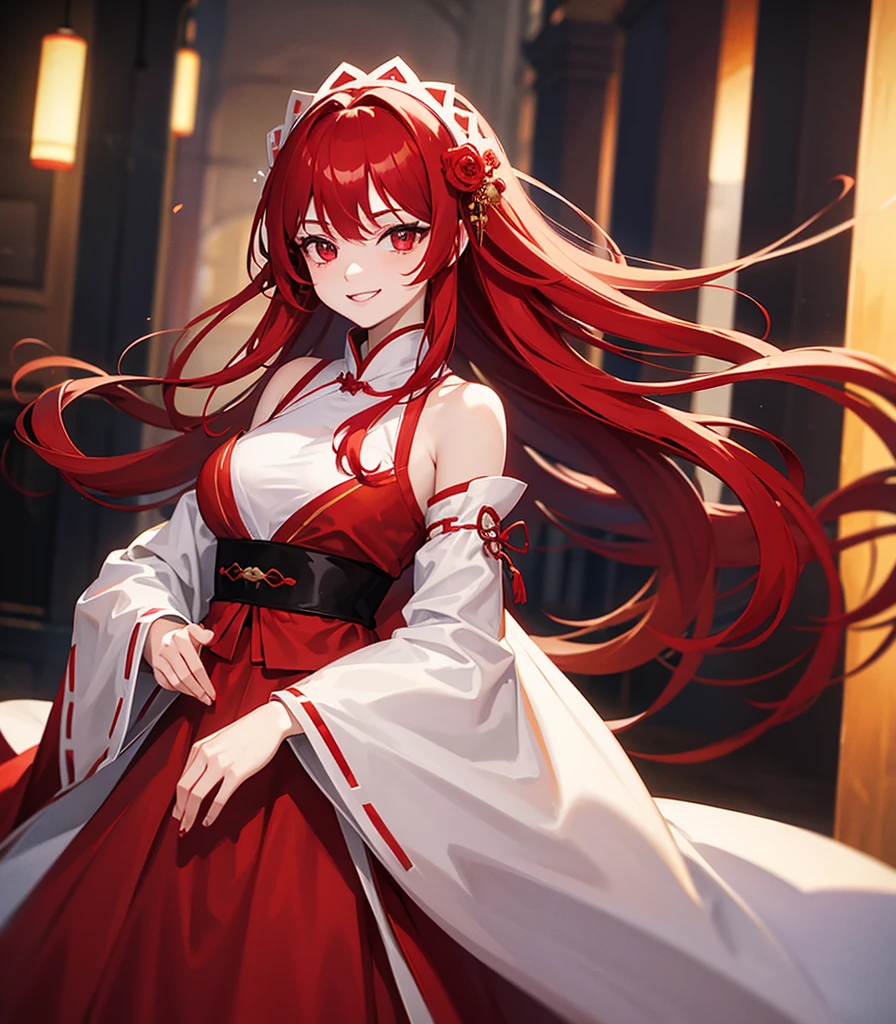 1woman, red hair, red eyes, dress, standing on ground, high res, ultra sharp, 8K, masterpiece