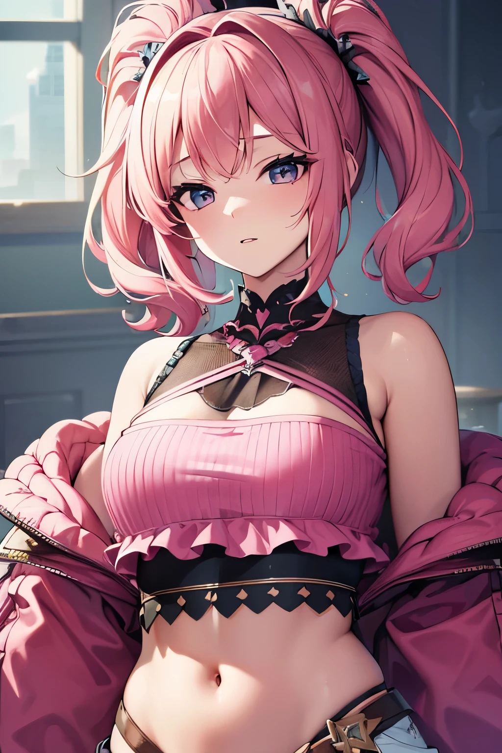 1woman, solo, pink hair, gray eyes, detailed eyes, eyelashes, light lips, 25years old, キス待ち顔, (cowboy shot:1.3), from above