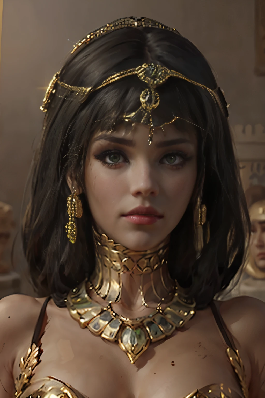 hyper realistic portrait shot of a beautiful egyptian queen, looking down proudly on the camera with her expressive green eyes, tanned skin tone , thin nose , black braided bob hair with golden accessories and jewelries , wearing a white see tough dress