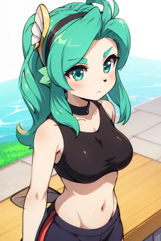1girl, (Cartoon:1.3), Olhos detalhados, olhando para o espectador Cabelo ruivo alaranjado, olhos verdes, confident expression, topo de corte preto, luvas pretas, faixa marrom, green cargo pants, pale skin, sobrancelhas finas