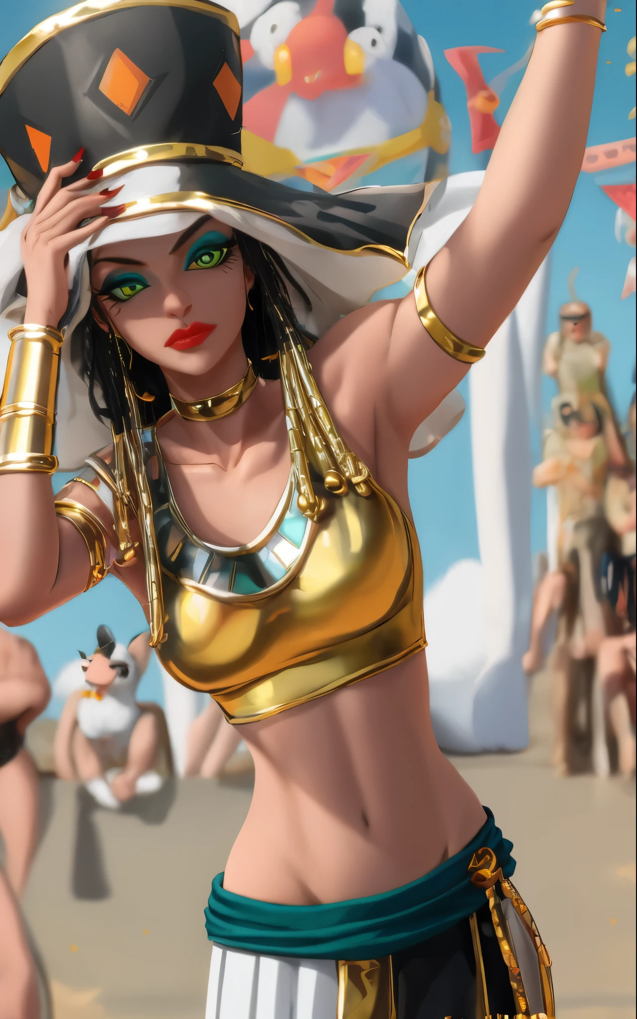 masterpiece, highres,
Dress_DragonBallSuper_Heles_ownwaifu,
1girl, hat, eyeshadow, green eyes, long hair, dreadlocks, dark skin, black hair, dark-skinned female, makeup, lipstick, navel, mole under eye, breasts, medium breasts, collarbone, groin, jewelry, bracelet, nail polish, armlet, red lips, no pupils, neck ring, yellow choker, colored skin,
midriff, bracer, choker, crop top, white skirt, long skirt, white pants,
original, bokeh, depth_of_field, scenery, spotlight, focused, looking at viewer, solo, cowboy shot, best quality, absurdres,