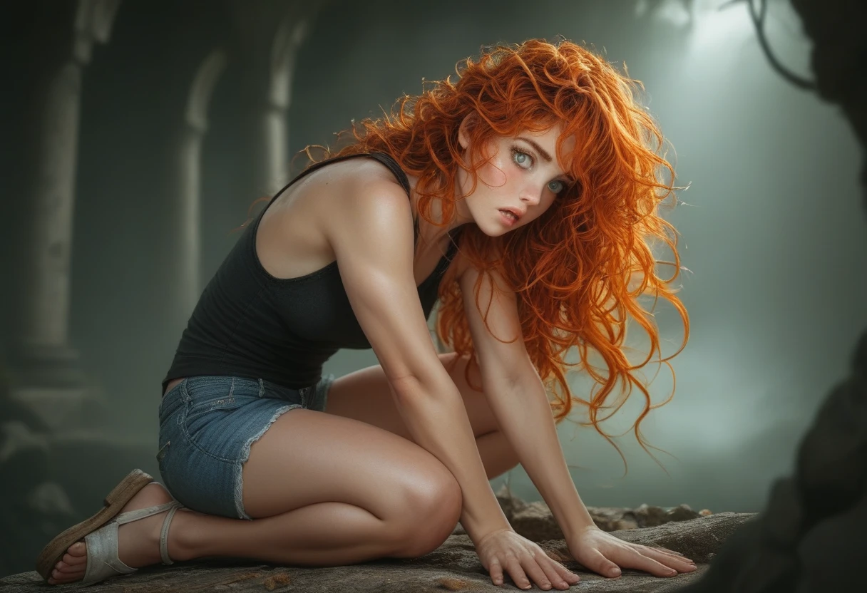 pale skin, petite short girl, wavy orange hair, long-length hair, messy hair, blush, green eyes, soft expression, terrified face, shocked expression, white cotton top, torn fabric, denim shorts, white sandals, slender legs, detailed fingers, detailed hands, detailed lips, minotaur silhouette, muscular, fierce but controlled expression, ominous presence, foggy forest, dim lighting, mossy ruins, mist, gothic colors, chiaroscuro, dramatic lighting, moody atmosphere, intricate details, high quality, realistic, cinematic, dark and brooding, emotional impact, realistic light, inspired by real-life photos, fearful expression, tension, mysterious atmosphere, ancient ruins, claustrophobic feeling.
