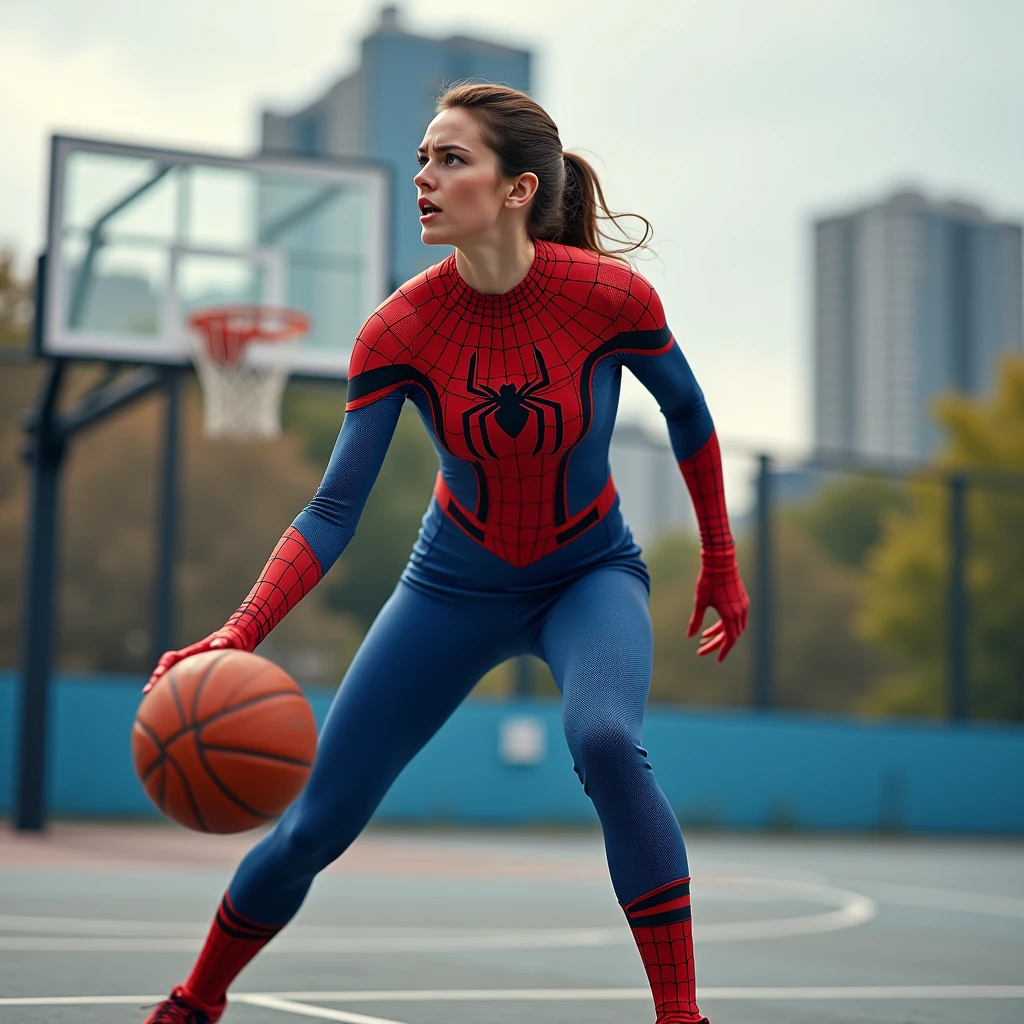 Marvel movies,photo of a 18 year old girl,spiderman,basketball player jumps in the air,holding a ball in her hand and shooting it towards the hoop,happy,laughing,ray tracing,detail shadow,shot on Fujifilm X-T4,85mm f1.2,depth of field,blurry background,bokeh,motion blur,<lora:add_detail:1>,