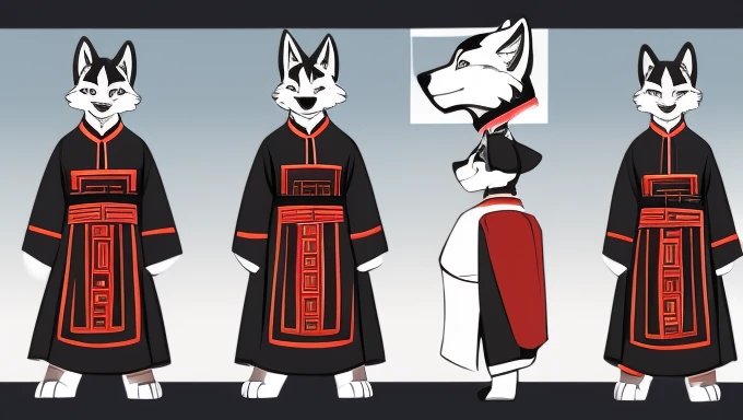   no background、 model sheet of a cute Chinese-style  wolf character depicting the same character from 3 angles、 同じキャラクターを3つの角度から描いた,