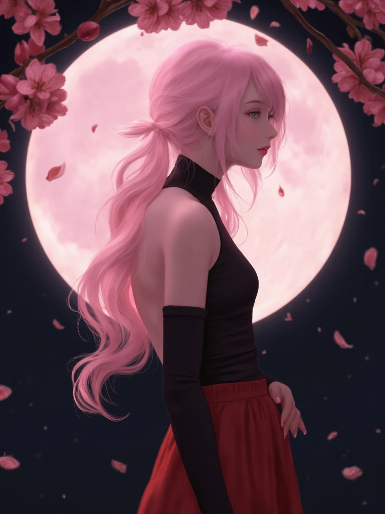 Digital painting featuring a female character with pink hair standing in profile against a large, glowing full moon. The character has fair skin and is wearing a sleeveless black top with a high collar and a red skirt. Her left arm is covered with a black, textured sleeve. The background includes cherry blossom petals gently falling, adding a sense of movement and tranquility. The moon is prominently displayed, casting a soft, ethereal light that highlights the character's features and the surrounding cherry blossoms. The overall color palette is dominated by shades of pink, red, and black, creating a dramatic and serene atmosphere.