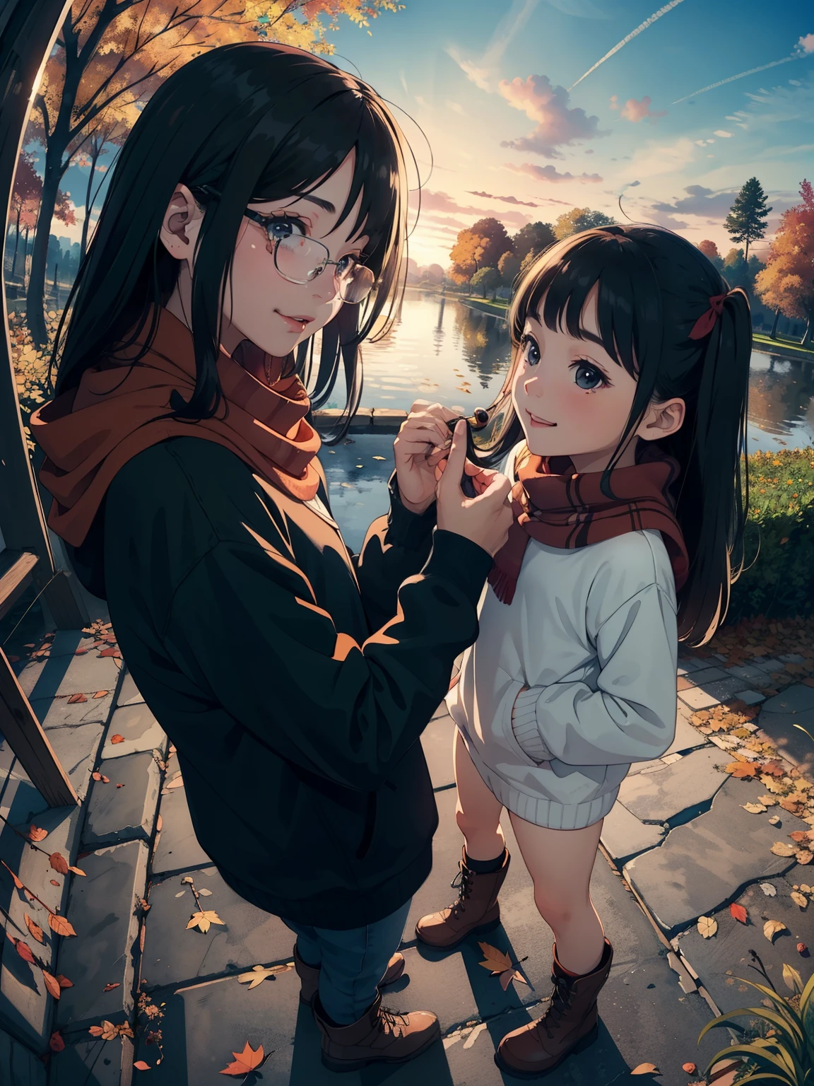  Masterpiece ，  best quality， High image quality，(  super flat  ,  flat shading  )，Glasses，  beautiful black hair ，  fisheye lens， beautiful petite trained young mother and her very cute little training daughter:1.25，  warm scarf，long sleeve collared sailor suit ，(naked)， long hair，  boots, smile, smile，White Breath，fun, play，Autumn park garden，  fallen leaves for vaginal discharge ，Autumn sky，At dusk，Beautiful sunset，Wide angle，  bright color ，watercolor,  Ghibli style ，Strong winds，  Girl Temptation，  girl&#39;Lure，