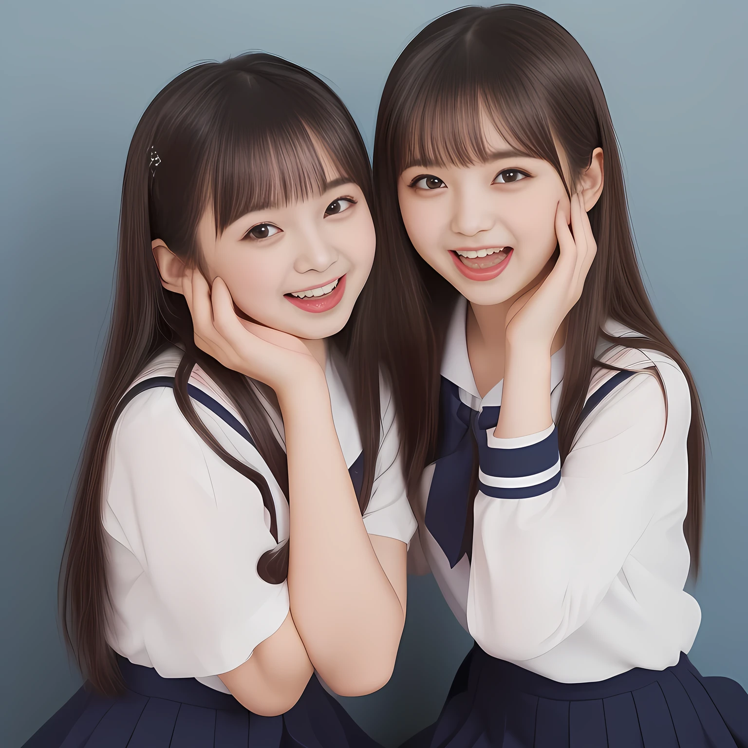 (Highest quality, masterpiece:1.2), Highest quality, High resolution, 1080P, 8k, (Two yo Japanese beautiful girl idols are seated and give strong subliminal sexual invitation and temptation, undressing navy uniform, cute skirt with beautiful knees, looking at the viewer, can't stop showing cute smile open mouth because of feeling the viewer too ridiculous, very white-white face, very proud of her long straight black hair, using face-whitening cosmetics, 14irl's eyes, opened laughing giggling most open mouth, too expensive navy sailor-styled school uniform, well-straitened super-long well-trimmed long hair, evenly neatly trimmed girly cute bangs: 1.5), (Laughing blushed cheeks with dimples), (Well-balanced, impressive, very intelligent, double-eyelids, black shining large eyes of 14yo yng idol with detailed: 1.5), ((Beautiful well-figured glossy opened laughing lips: 1.2)), (mature breast), (The viewer can't stop madly kissing them because of her beauty and subliminal strong invitation), (Very beautiful, super-glossy, cute neat black amazingly long hair, straight well-done long hair-style: 1.3), (plain blue background: 1.6), (((Completely balanced beautiful big cool eyes, looking coldly at me!: 1.3))), (eyes, face and hair are especially beautifully detailed and beautifully drawn: 1.5), (The soft white light clearly shows her face extremely white: 1.2), (the viewer become crazy and can't stop bursting and running every liquid to her body: 1.7), (School uniform, too-cute slender 14yo sup-long-hair Japanese beautiful-young-girl idol twins are laughing at me and covering viewer, super-widely open laughing mouth, everything is girly, neat and too beautiful: 1.6), (Super long hair super-super-beautiful 13yo super-cute-face navy-sailor-suit school-uniform pretty slender young idol of lolita school idol photo magazine), (Inevitable subliminal invitation and temptation to the eternal deep deep unreal pleasure of girl's voice of laughter and ridicule: 2.0)
