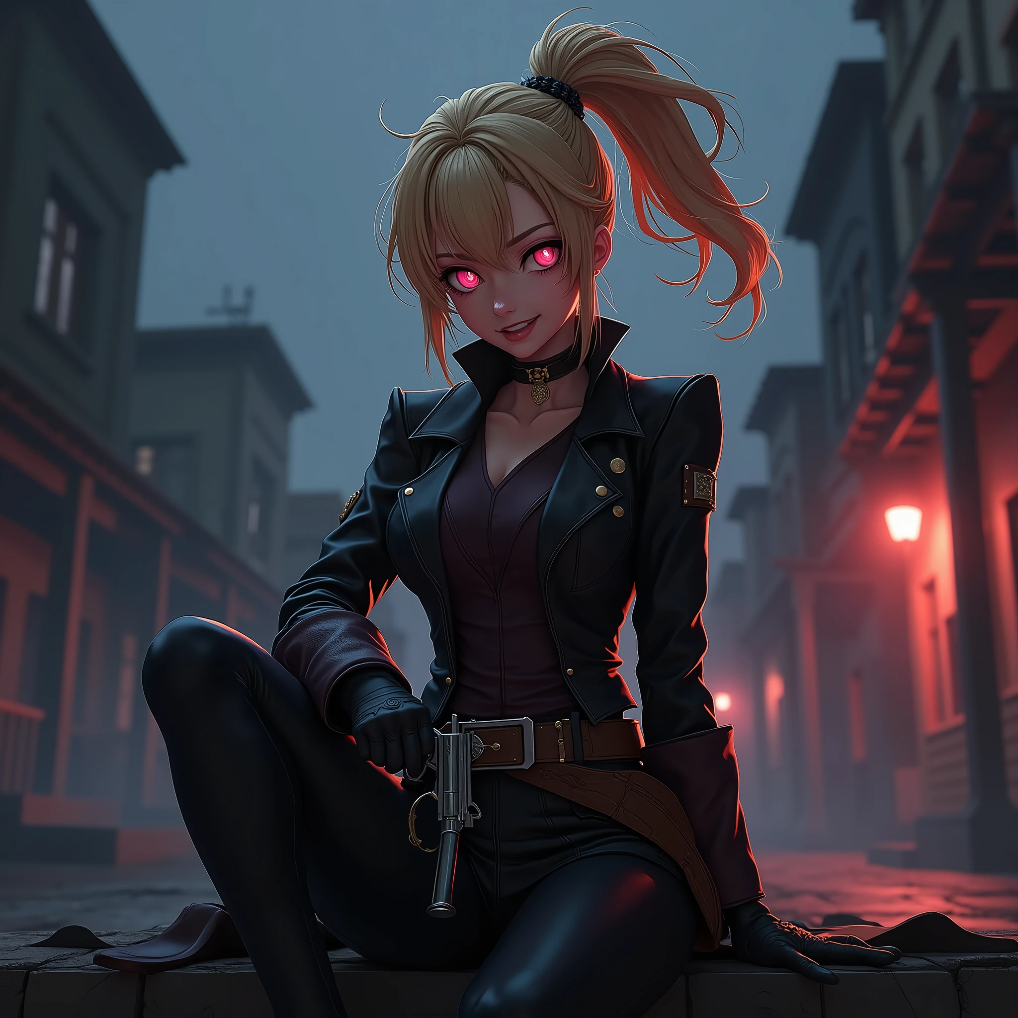 Anime Cowboy Feminino de Cabelos Curtos no Velho Oeste, dark background,  messy  and spiked hair bangs, high ponytail, ultra detailed face,loiro, dark pink eyes, sitting, at night city ,revólver de 6 balas, 3D,4k,detalhado, anime concept, lovely smile, ultra detailed concept, dangerous look, xerife, dark fantasy concept, fog, dark night city, ready to rumble, mysterious, dinamic pose, 