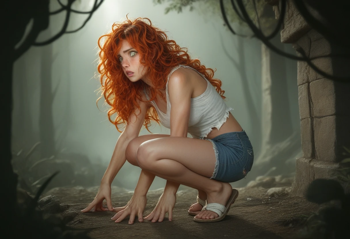 pale skin, petite short girl, wavy orange hair, long-length hair, messy hair, blush, messy skin, green eyes, soft expression, terrified face, shocked expression, white cotton top, torn fabric, denim shorts, white sandals, slender legs, detailed fingers, detailed hands, detailed lips, minotaur silhouette, muscular, fierce but controlled expression, ominous presence, foggy forest, dim lighting, mossy ruins, mist, gothic colors, chiaroscuro, dramatic lighting, moody atmosphere, intricate details, high quality, realistic, cinematic, dark and brooding, emotional impact, realistic light, inspired by real-life photos, fearful expression, tension, mysterious atmosphere, ancient ruins, claustrophobic feeling.
