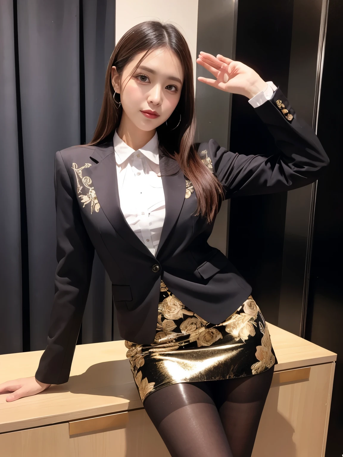(Beautiful woman wearing a random color blazer and a random color floral skirt)、1 girl、Delicate face、Detailed eyes and face、double eyelid、Glossy lips、random hair style 、(silk pantyhose、Random color boots)、Highly detailed costume、Mature sexy adult woman、very beautiful、A beautiful woman、Cleavage、8K,highest quality, masterpiece、Ultra-high resolution、Full body portrait, Realistic、High-definition skin texture、Sharp long legs、smile、Cityscape, She is on a street lined with tall buildings、Dramatic lighting、Realisticな、Realistic、Real photo、Ultra-realistic