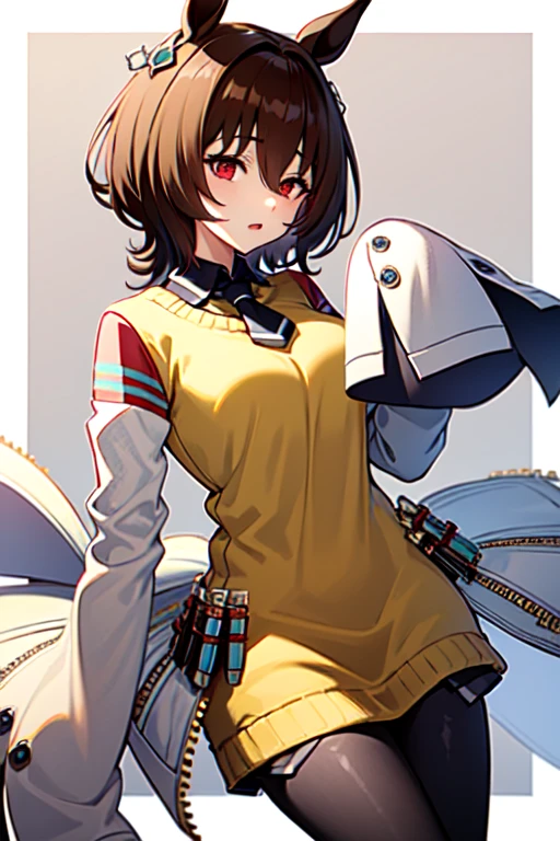  Agnes Tachion、Horse Girl、 girl、一人の girl、Horse ears、Horse tail、 earring on one side 、Red eyes、 short hair、 brown hair、（White:1.2)、(bigger sleeve than wrist :1.2)、 yellow big sweater 、 ties、 black pantyhose、Stray hair、best qualty,