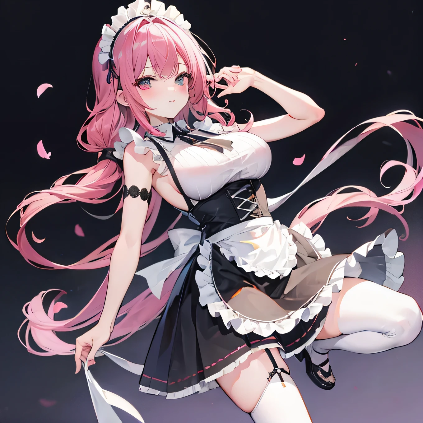 Highest quality、Shiny silk short sleeve puff sleeve pink maid outfit、transparent、Very short skirt、Giant ribbon、A short white ruffled apron、Garter belt with ribbon、Pink high heels with ribbon、Large headband with ribbon、Flushed Cheeks、Embarrassed look、Heavy breathing、Pure white underwear、Soaking wet、storm、Stand on a chair and stretch、Looking up from directly below