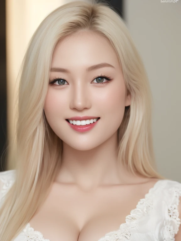 ((Best Quality, 8K, Masterpiece: 1.3)), Focus: 1.2, Perfect Body Beauty: 1.4, Highly Detailed Face and Texture, Fine Eyes, Double Eyelids, Whitened Skin, clean smooth skin,Long Hair, (long white lace dress), Gigantic breasts, closed mouth smile,voluptuous body,huge cleavage, pale white skin、looking at viewers、super fine face and eyes, perfect abs, perfect slim,pale blonde hair,indoor,white background,