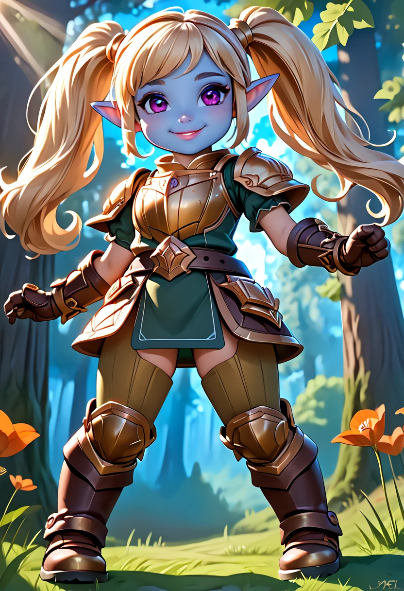 [poppy], [LOL], ((masterpiece)), ((HD)), ((high res)), ((beautiful render art)), ((solo portrait)), ((full body)), ((front view)), ((feet visible)), ((detailed shading)), {(attractive), (short), yordle, (blue skin), (elf ears), (blonde hair), (twintails), (cute magenta eyes), (detailed iris), (short eyelashes), (sharp nails), (curvy hips), (thick thighs), (beautiful legs), (detailed legs), (beautiful lips), (cute smile), (excited expression)}, {(brown and gold armor), (tight green pants), (brown belt), (utility belt), (brown gauntlets), (brown gloves), (brown boots), (golden knee pads)}, {(standing), (hands on hops), (looking at viewer)}, [background; (forest), (blue sky), (sun rays), (ambient lighting)]