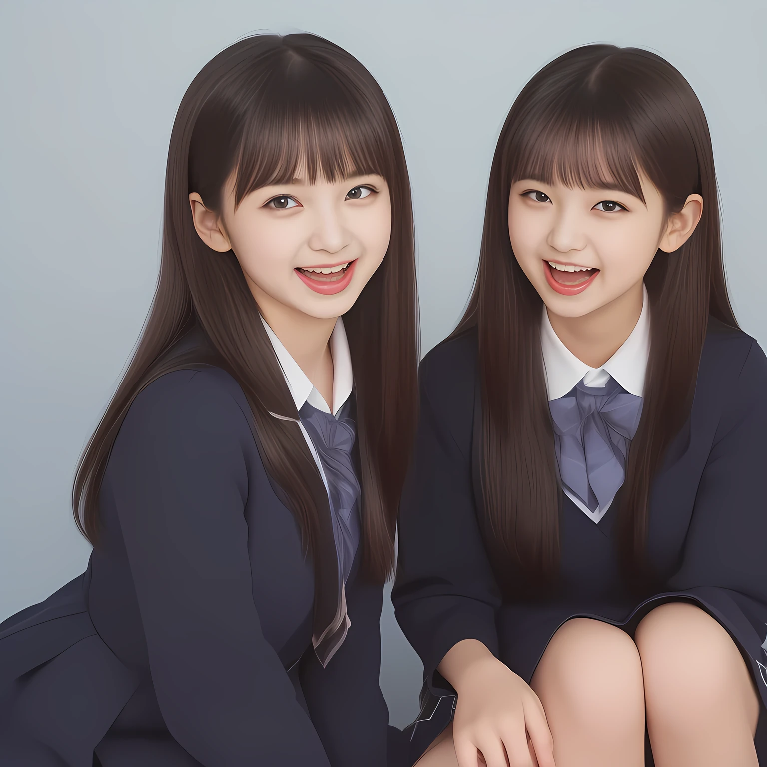 (Highest quality, masterpiece:1.2), Highest quality, High resolution, 1080P, 8k, (Two yo Japanese beautiful girl idols are seated and give strong subliminal sexual invitation and temptation, undressing navy uniform, cute skirt with beautiful knees, looking at the viewer, can't stop showing cute smile open mouth because of feeling the viewer too ridiculous, very white-white face, very proud of her long straight black hair, using face-whitening cosmetics, 14irl's eyes, opened laughing giggling most open mouth, too expensive navy sailor-styled school uniform, well-straitened super-long well-trimmed long hair, evenly neatly trimmed girly cute bangs: 1.5), (Laughing blushed cheeks with dimples), (Well-balanced, impressive, very intelligent, double-eyelids, black shining large eyes of 14yo yng idol with detailed: 1.5), ((Beautiful well-figured glossy opened laughing lips: 1.2)), (mature breast), (The viewer can't stop madly kissing them because of her beauty and subliminal strong invitation), (Very beautiful, super-glossy, cute neat black amazingly long hair, straight well-done long hair-style: 1.3), (plain blue background: 1.6), (((Completely balanced beautiful big cool eyes, looking coldly at me!: 1.3))), (eyes, face and hair are especially beautifully detailed and beautifully drawn: 1.5), (The soft white light clearly shows her face extremely white: 1.2), (the viewer become crazy and can't stop bursting and running every liquid to her body: 1.7), (School uniform, too-cute slender 14yo sup-long-hair Japanese beautiful-young-girl idol twins are laughing at me and covering viewer, super-widely open laughing mouth, everything is girly, neat and too beautiful: 1.6), (Super long hair super-super-beautiful 13yo super-cute-face navy-sailor-suit school-uniform pretty slender young idol of lolita idol photo magazine), (Inevitable subliminal invitation and temptation to the eternal deep deep unreal pleasure of girl's voice of laughter and ridicule: 2.0)