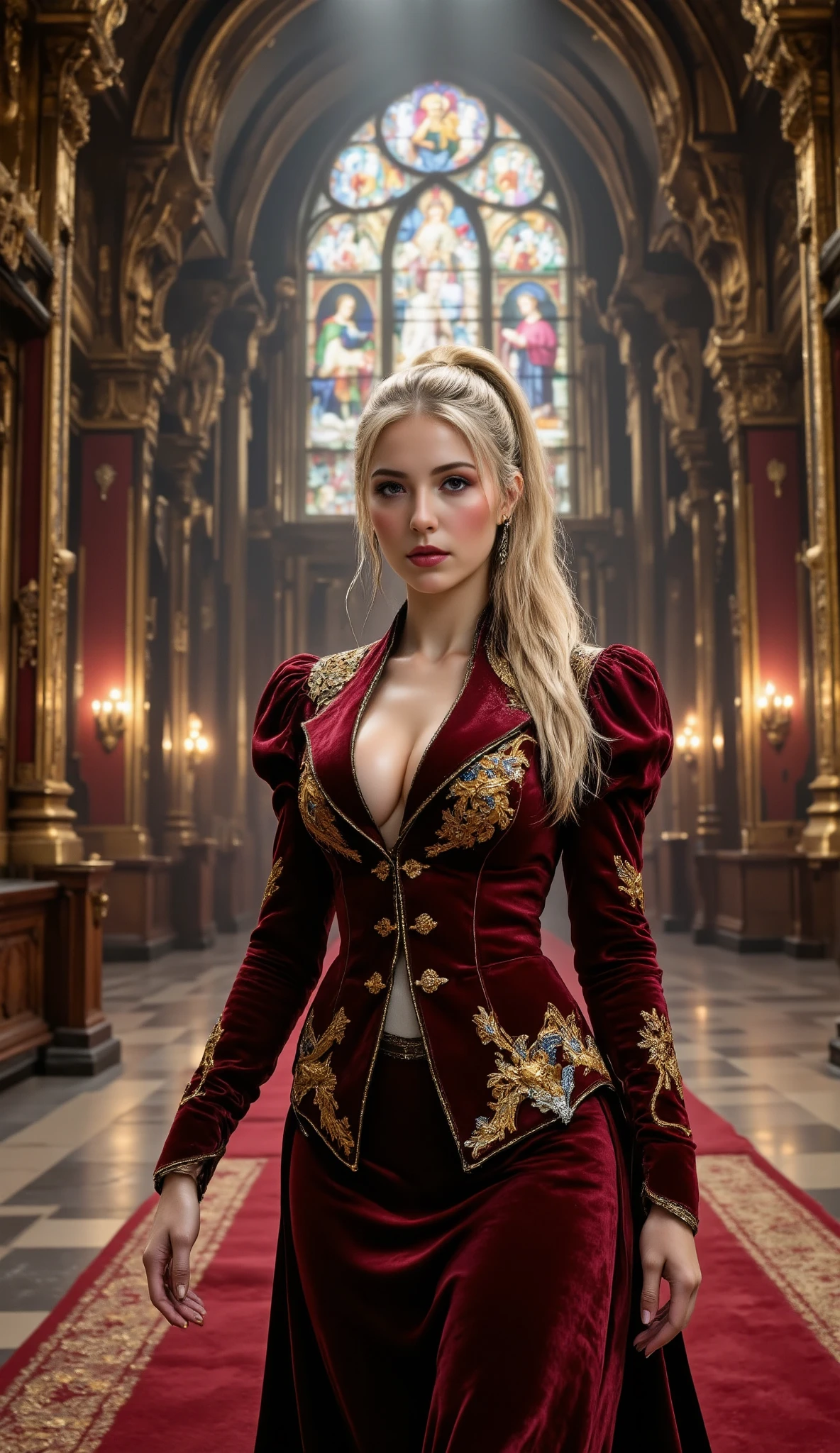 light particles, soft lighting, volumetric lighting, intricate details, finely detailed,1 sexy lady, solo, 18 years old, slim and healthy body, full body shot, (nudity:0.5), (beautiful and huge bouncing firm ample breasts, deep cleavage:1.5) and a huge waist, blonde hair, long hair, high ponytail, red eyes, long eyelashes, thick eyelashes, looking at viewer, (dark red velvet fabric jacket, white shirt, black skirt:1.2), jacket with a snow and golden phoenix embroidery, Long skirt of deep red velvet fabric, puffy sleeves, Juliet sleeves, (long sleeves:1.2), gorgeous stained glass with a story of Christ's birth embroidery, , (walking down the large, luxuriously decorated European style cathedral:1.3)、,, (side view:1.3),