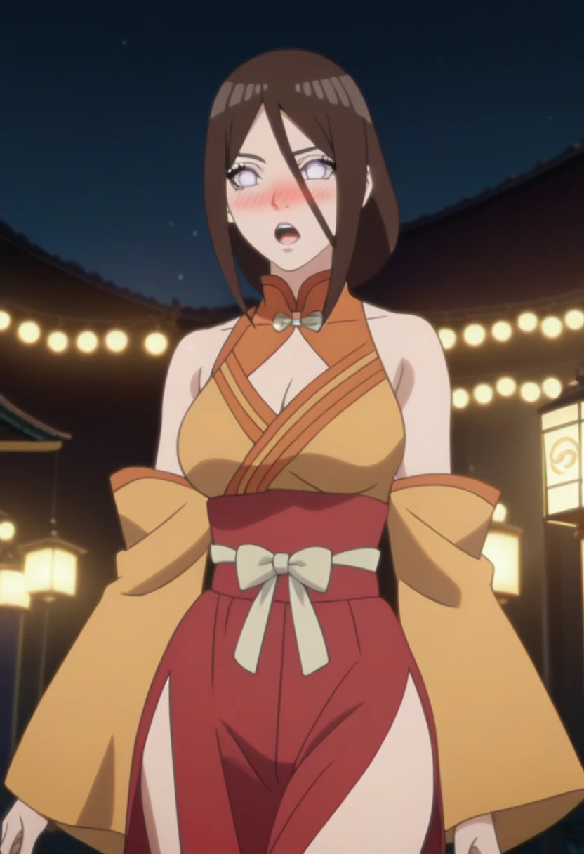 Senjumaru Shutara,Solo,cleavage, haori, thick thighs, outstanding details,big breasts ,moon, kimono, parted lips,beach,